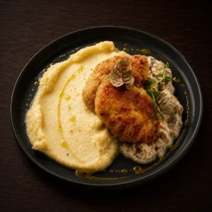 Куриные котлеты с пюре и грибным соусом
